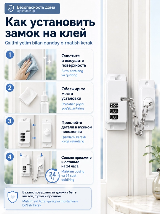 Замок-ограничитель, блокиратор с цепочкой и кодовым замком для окон, дверей, мебели