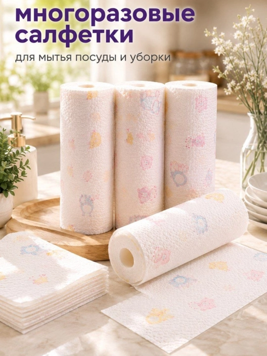 Универсальные многоразовые салфетки в рулоне прочные,мягкие и очень хорошо впитывают влагу - 