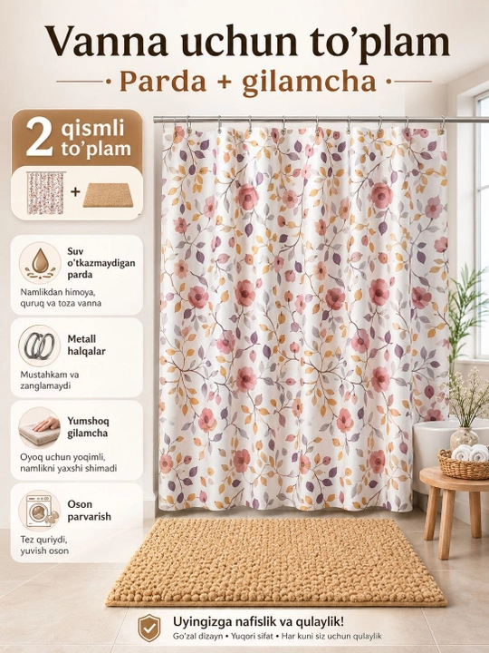 Vanna parda va gilamcha, 2 tasi 1 da vannaxona to‘plami, dush parda, sirpanmaydigan - 