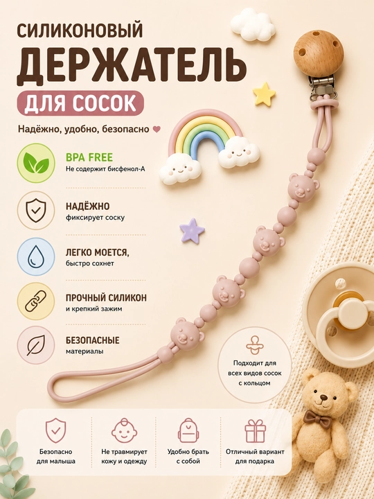 Силиконовый держатель для соски, пустышки, грызунка - 