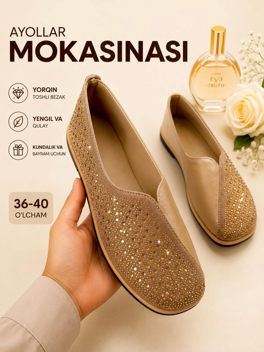 Ayollar baletkasi toshli – qulay kundalik mokasin, eko charm, 36–40 o'lcham - 