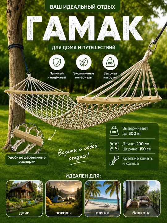 Yog‘och tayanchli osma gamak 200×150 sm, 300 kg gacha yuk ko‘taradi - 