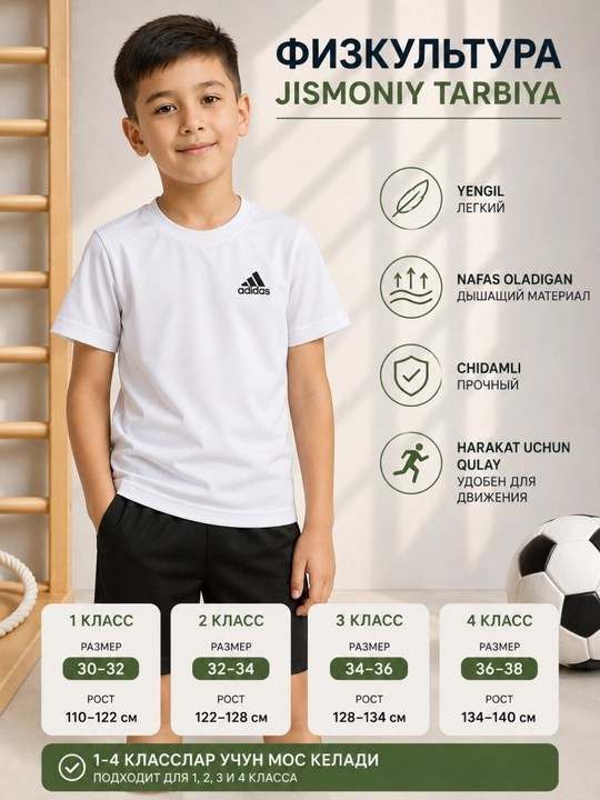 Jismoniy tarbiya uchun oq futbolka, bolalar sporti, o‘g‘il bolalar va maktab uchun