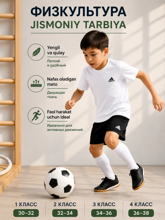Jismoniy tarbiya uchun oq futbolka, bolalar sporti, o‘g‘il bolalar va maktab uchun