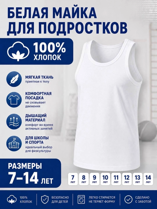 Белая майка для подростков 7-14 лет, 100% хлопок, Мягкая и дышащая ткань - 
