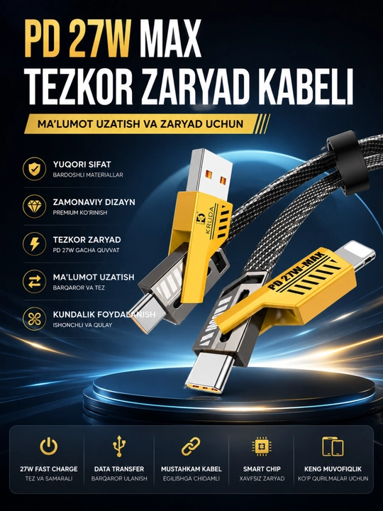 Универсальный кабель 4 в 1 usb, usb-c и lightning быстрая зарядка и передача данных - 