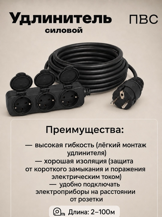 Удлинитель силовой ПВС 3×2,5, 3 розетки, прямая вилка, 2–100 м, черный
