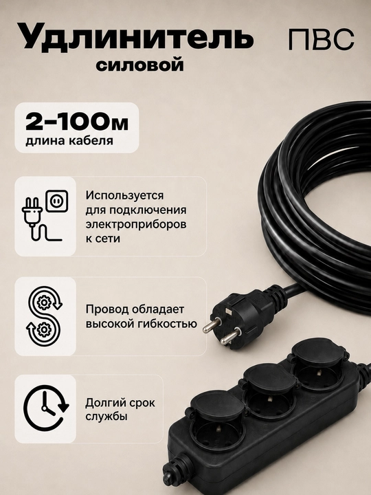 Удлинитель силовой ПВС 3×2,5, 3 розетки, прямая вилка, 2–100 м, черный