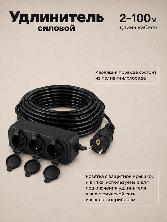Удлинитель силовой ПВС 3×2,5, 3 розетки, прямая вилка, 2–100 м, черный