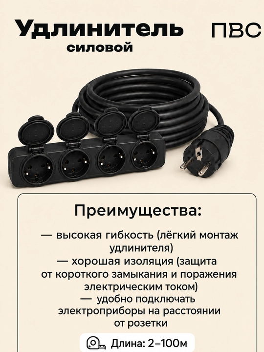 Удлинитель силовой ПВС 3×2,5, 4 розетки, прямая вилка, 2–100 м, черный