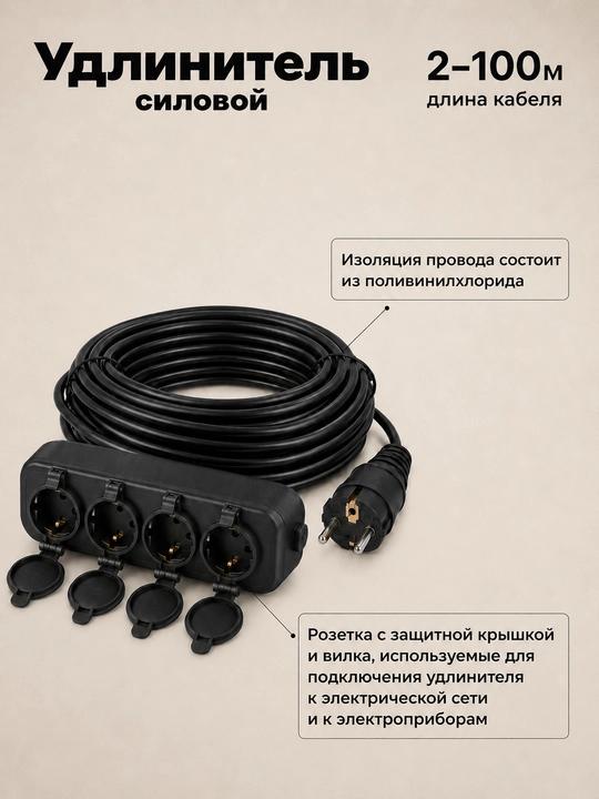 Удлинитель силовой ПВС 3×2,5, 4 розетки, прямая вилка, 2–100 м, черный