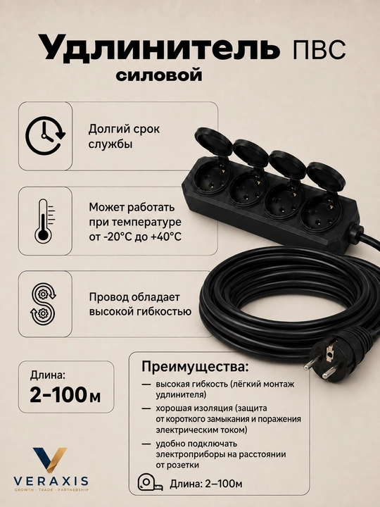Удлинитель силовой ПВС 3×2,5, 4 розетки, прямая вилка, 2–100 м, черный