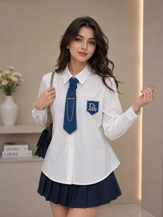 Qizlar uchun oq maktab ko‘ylagi, uzun yengli, zamonaviy maktab formasi, rubaska, kiyim oq - 