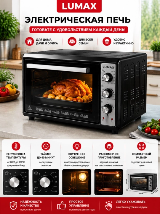 Lumax 45l premium mini elektr pechi 1600w 80–300°c taymer 60 daqiqa gril