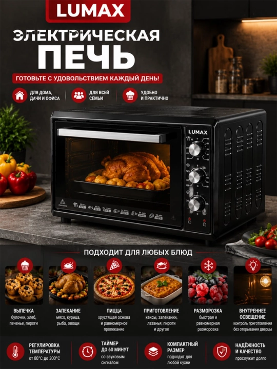 Lumax 45l premium mini elektr pechi 1600w 80–300°c taymer 60 daqiqa gril