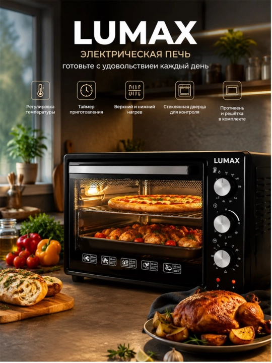 Lumax 45l premium mini elektr pechi 1600w 80–300°c taymer 60 daqiqa gril