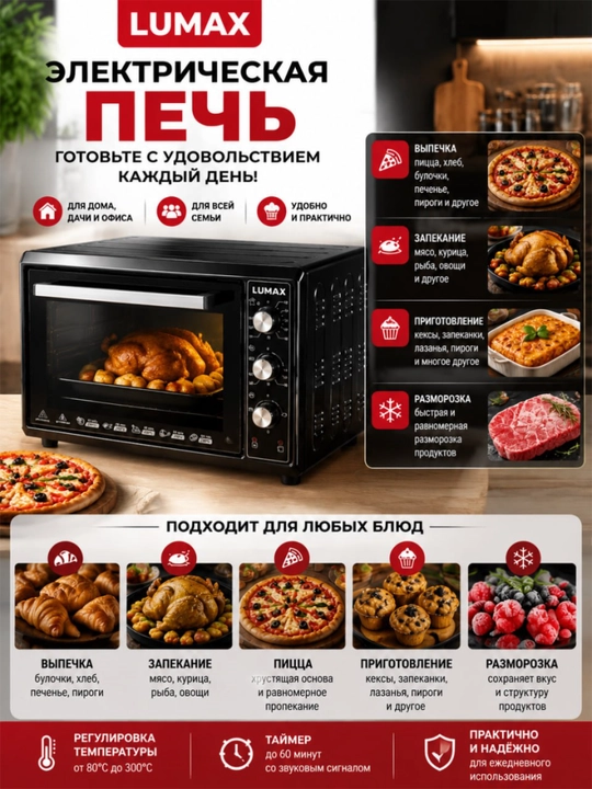 Lumax 45l premium mini elektr pechi 1600w 80–300°c taymer 60 daqiqa gril