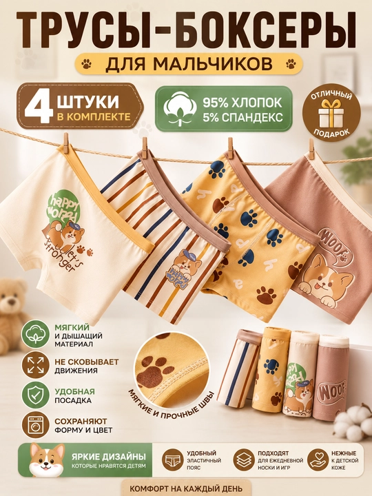Трусы-боксеры для мальчиков, хлопок, комплект 4 шт - 