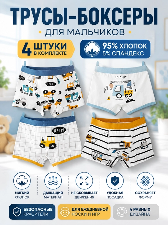 Трусы-боксеры для мальчиков, хлопок, комплект 4 шт - 