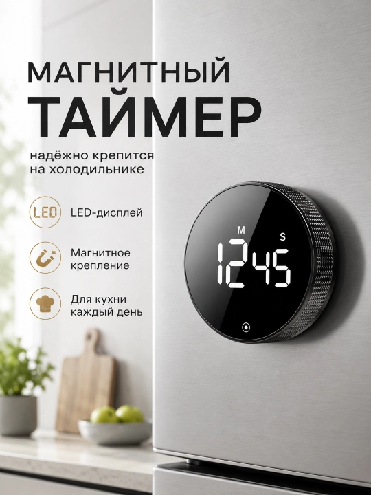 Электронный таймер с LED-дисплеем, магнитом и 3 уровнями громкости