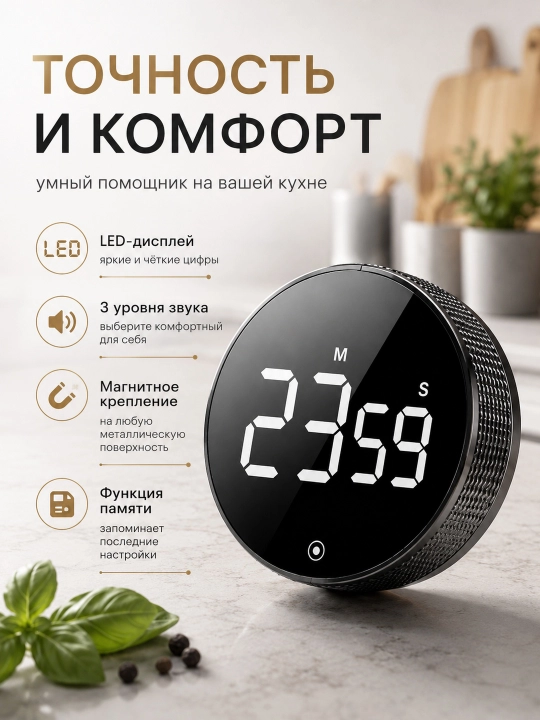 Электронный таймер с LED-дисплеем, магнитом и 3 уровнями громкости - 