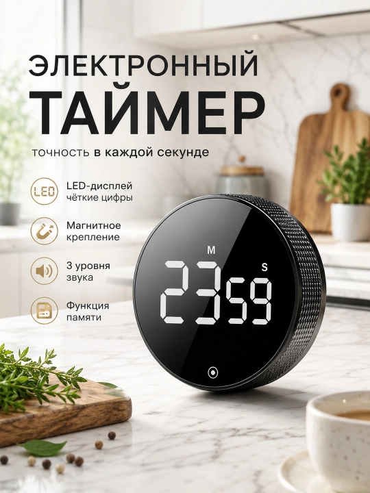 Электронный таймер с LED-дисплеем, магнитом и 3 уровнями громкости