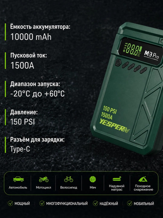 Пусковое устройство + компрессор, 150 PSI, 1500A, 3 режима подсветки