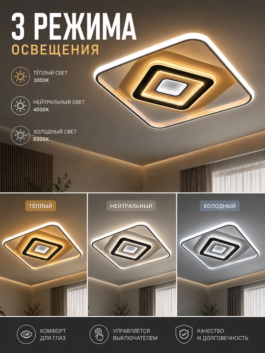 50 sm kvadrat shift LED qandil, 3 xil yorug‘lik rejimi, 20 m² gachaк