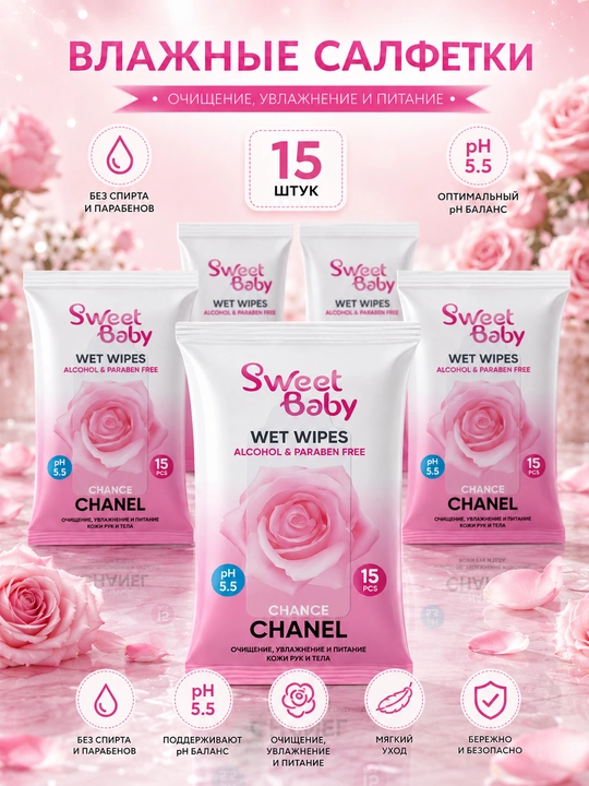 Влажные салфетки Sweet Baby, 15 шт 3/5, увлажняющие - 