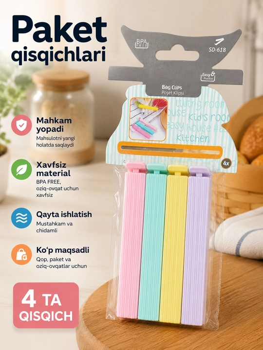 Зажимы для пакетов, 4 шт – клипсы, закрывашки для хранения продуктов, прищепки