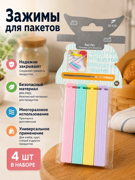 Зажимы для пакетов, 4 шт – клипсы, закрывашки для хранения продуктов, прищепки - 