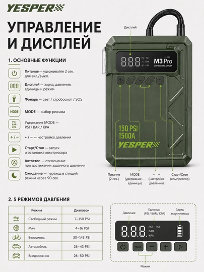 Jump Starter + Kompressor, 150 PSI, 1500A, 3 rejimli chiroq