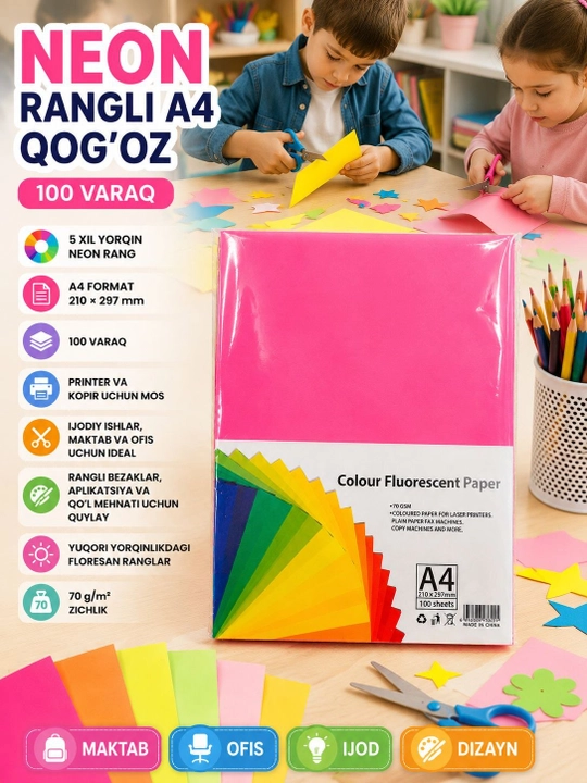 Ofis, maktab, bolalar bog'chasi va uy uchun rangli qog'oz, A4 formatda, 100 varaqli paketda