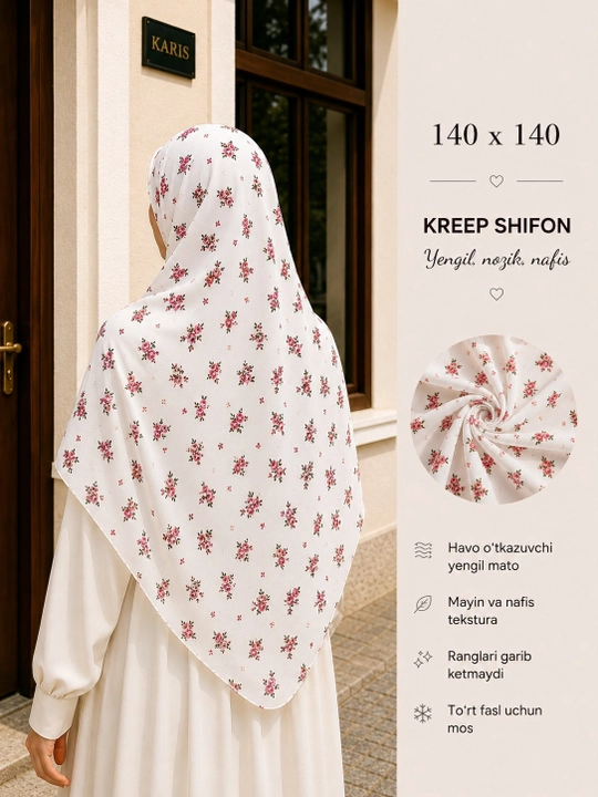 Ayollar ro‘mollari, krep-shifon, manzara ro'mol matosi harir, hijob, 120×120, 140×140 sm, Misr