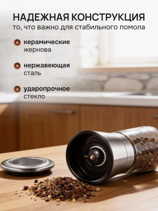 Tuz, murch va ziravorlar uchun qo‘lda tegirmon, shisha idish, maydalash darajasi sozlanadi