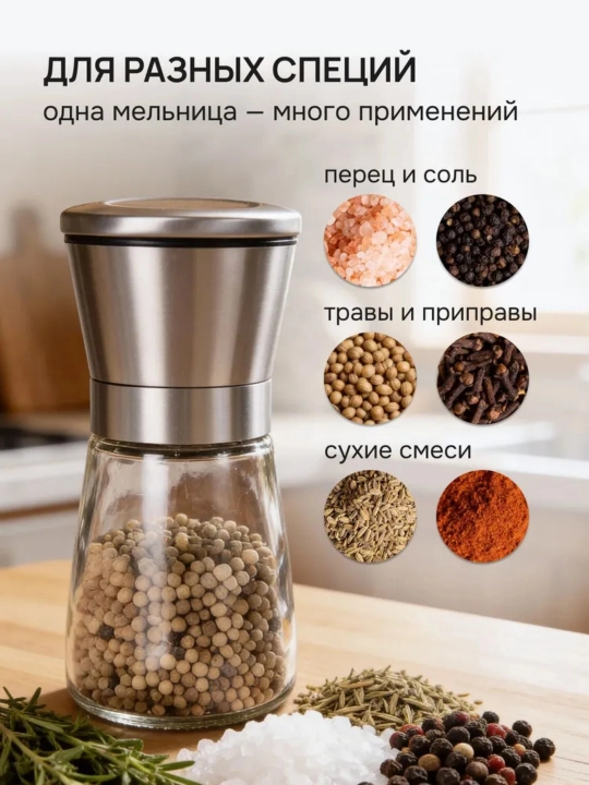 Tuz, murch va ziravorlar uchun qo‘lda tegirmon, shisha idish, maydalash darajasi sozlanadi