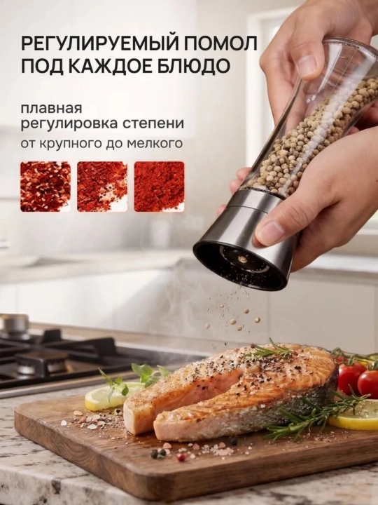 Tuz, murch va ziravorlar uchun qo‘lda tegirmon, shisha idish, maydalash darajasi sozlanadi