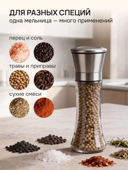Tuz, murch va ziravorlar uchun qo‘lda tegirmon, shisha idish, maydalash darajasi sozlanadi