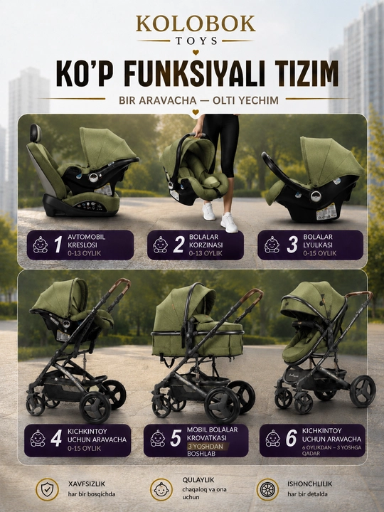 3 ta 1 da bolalar aravachasi , mustahkam, amortizatsiyalangan
