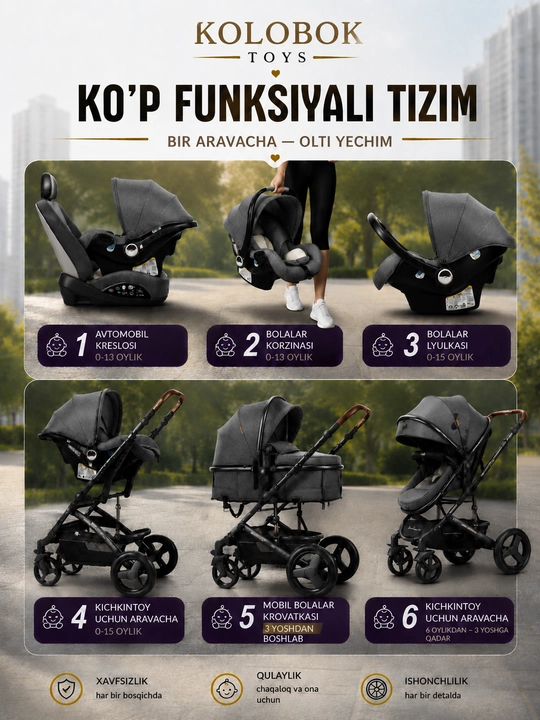 3 ta 1 da bolalar aravachasi , mustahkam, amortizatsiyalangan