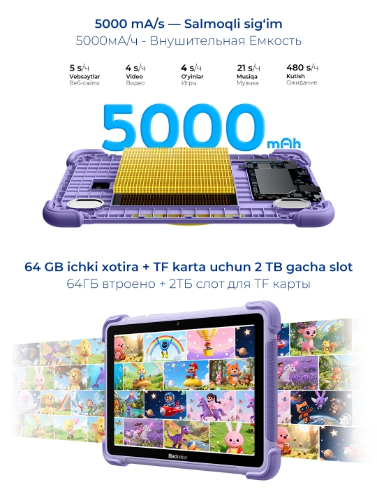 Bolalar uchun planshet Blackview LINK 1 Kids 8.68", 4GB/64GB, 5000 mAs, Android 16