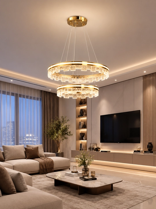 Подвесная LED люстра 2 кольца, 3 режима света, золотистая, 60×40 см