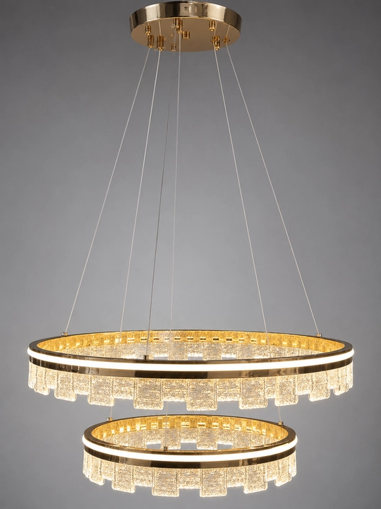 Подвесная LED люстра 2 кольца, 3 режима света, золотистая, 60×40 см