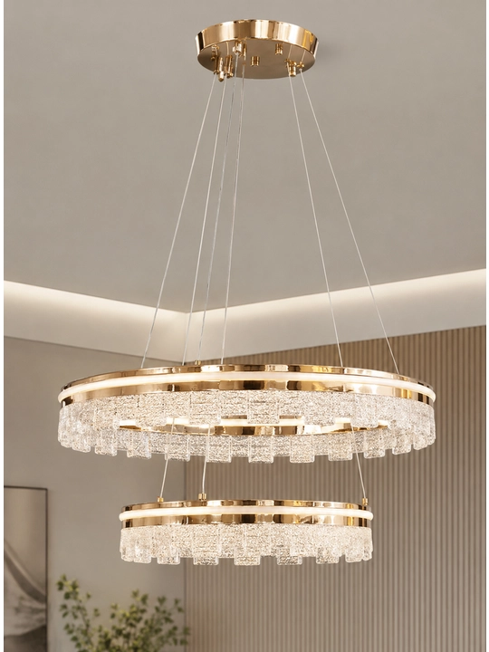 Подвесная LED люстра 2 кольца, 3 режима света, золотистая, 60×40 см - 