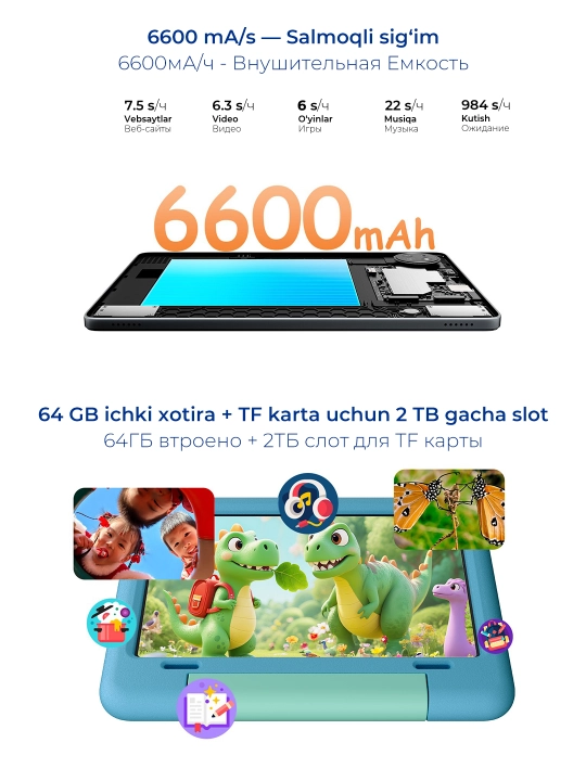 Детский планшет Blackview Tab 20 Kids 10.1", 4GB 64GB, 6600 мАч, Android 15