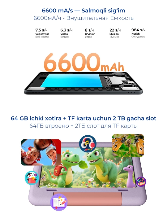 Детский планшет Blackview Tab 20 Kids 10.1", 4GB 64GB, 6600 мАч, Android 15