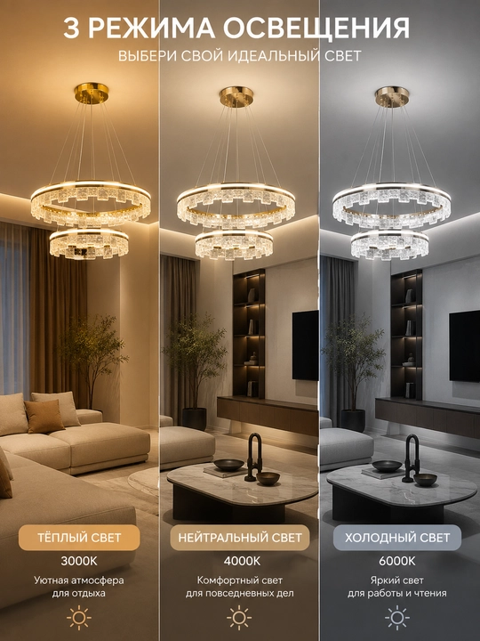 Подвесная LED люстра 2 кольца, 3 режима света, золотистая, 60×40 см