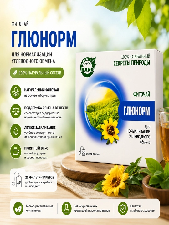 Glyunorm fitochoyi tabiiy o‘simlik choyi 1 g 25 ta filtr paket