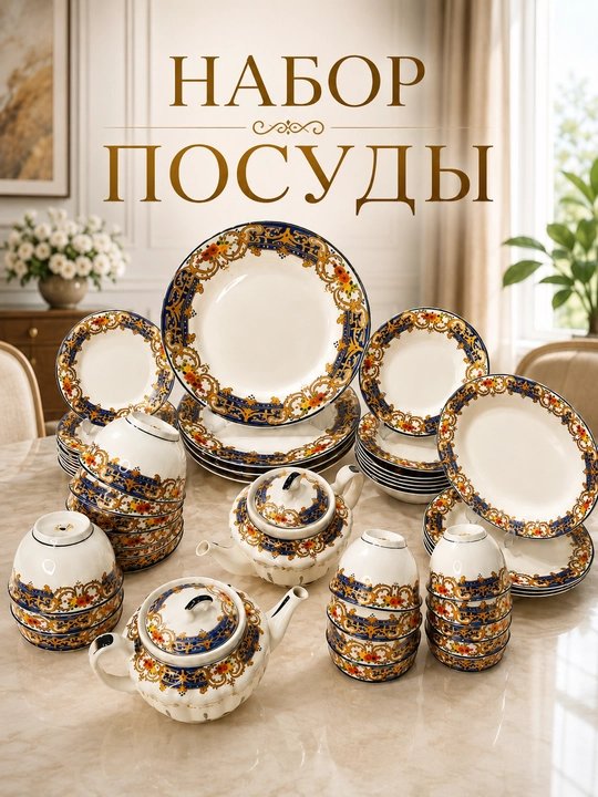 Фарфоровый столовый сервиз, 54 предмета, на 12 персон - 