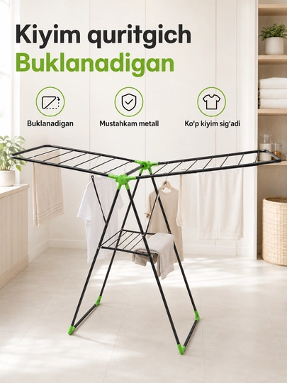Kir quritgich, polda o‘rnatiladigan, uy, yotoqxona, oshxona uchun mo‘ljallangan 1 qavatli - 